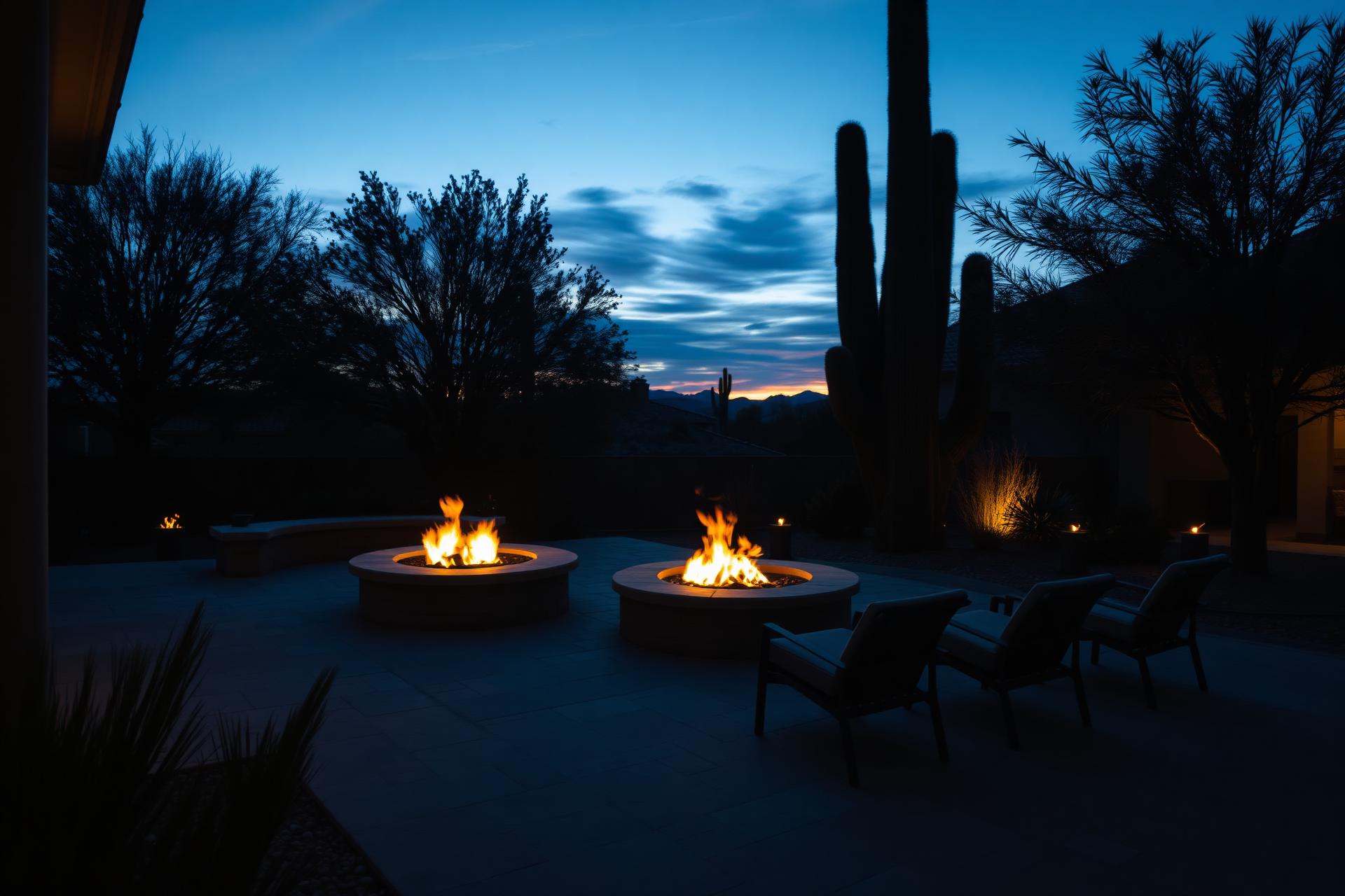 Arizona desert backyard at twilight with fire pits and saguaro silhouettes